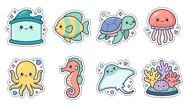 Cute kawaii sea animal stickers including jellyfish, turtle, and octopus