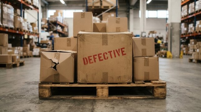 Large cardboard box word "DEFECTIVE" written Defective damaged product inventory warehouse logistics quality control failure requiring