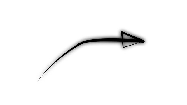 Hand drawn curved black arrow animation with drop shadow on white background, direction pointing concept on black background