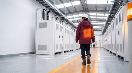 Obraz premium Female Engineer Inspecting Battery Energy Storage Cabinets in Modern Facility