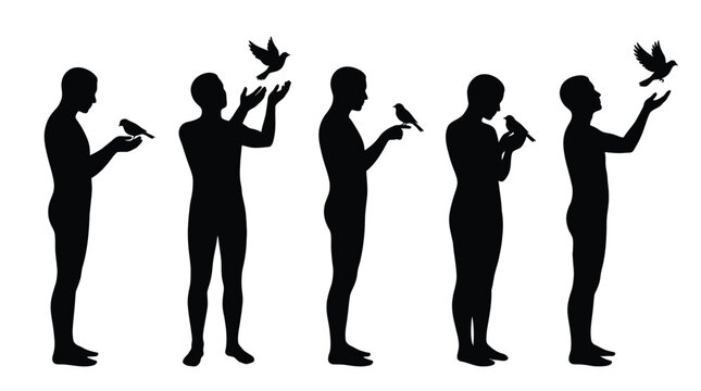 Human silhouette sequence releasing a bird, symbolizing freedom, hope, and letting go