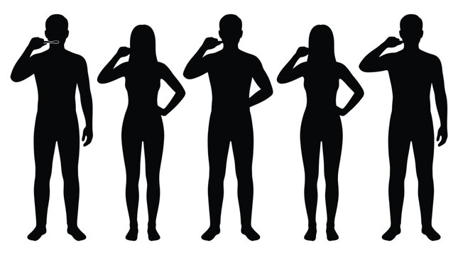 Black Silhouettes of Diverse People Brushing Their Teeth for Oral Hygiene