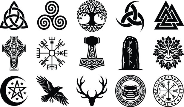 Celtic and Norse mythology ancient pagan symbols black vector icons collection set on white background