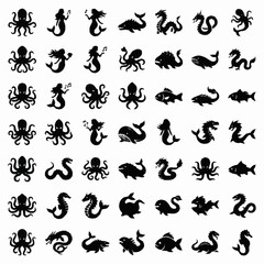 Obraz premium Collection of Marine Life Silhouettes.