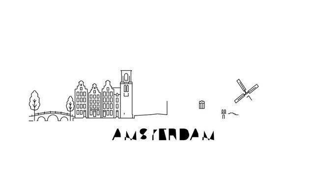 Simple black line drawing of Amsterdam skyline