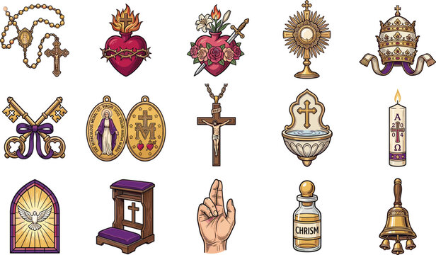 Catholic Church Religious Symbols Set with Sacred Heart Rosary and Monstrance Vector Icons