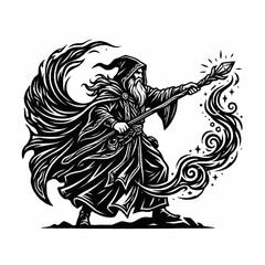 Fototapeta premium Mysterious Wizard Casting Spell with Crystal Staff.