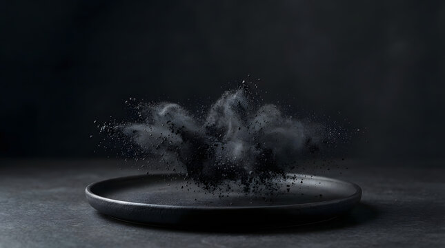 High-speed freeze motion of activated black charcoal powder bursting above a minimalist matte ceramic plate
