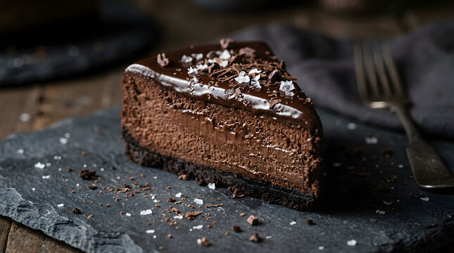 Delicious chocolate cheesecake slice with sea salt decadent thanksgiving dessert