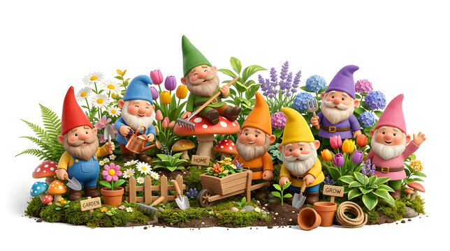 Cute funny garden gnome collection with flowers, mushrooms, gardening tools, watering can and plants, colorful hats, premium 3D cartoon illustration, isolated on white background