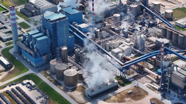 Aerial view of a large pulp and paper mill facility with smokestacks emitting steam. Industrial complex producing cellulose and bioenergy