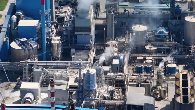 Aerial view of a large pulp and paper mill with smoke and steam rising from smokestacks. Industrial complex for cellulose production
