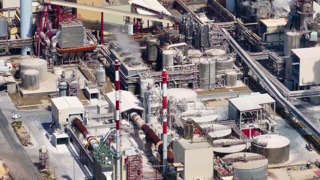 Industrial pulp mill producing cellulose from eucalyptus biomass. An aerial perspective of the bioenergy facility, showing its infrastructure