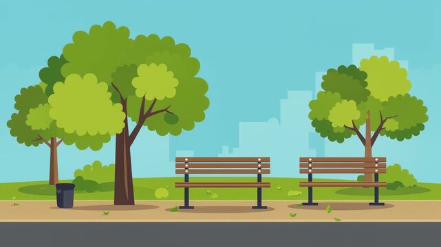 Public park with wooden benches and trees. Flat vector illustration of a city garden.