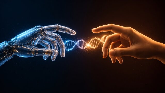 Human hand touching robotic hand with glowing DNA helix connection, futuristic technology concept