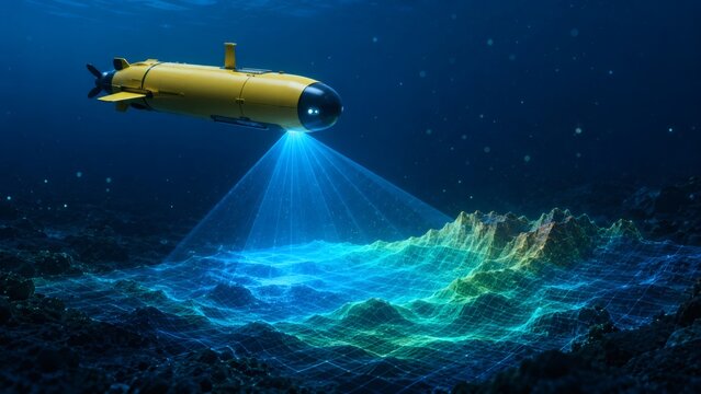 Autonomous underwater vehicle exploring deep ocean coral reef with glowing lights