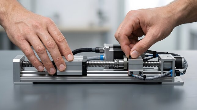 Technician assembling a linear motion actuator on a workshop table.