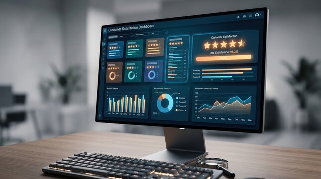 Computer monitor displaying customer satisfaction dashboard with star ratings and analytics graphs on modern office desk, business data visualization