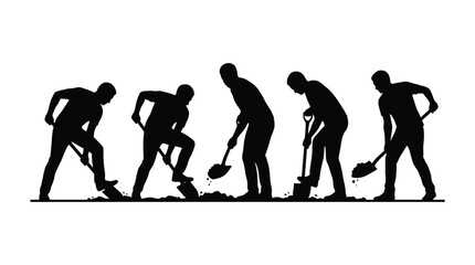 Silhouettes of construction workers digging dirt with shovels on white background © matahari