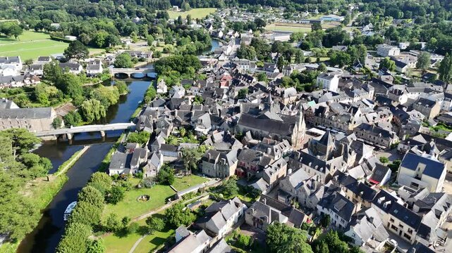 Malestroit medieval town Brittany France Panning drone aerial