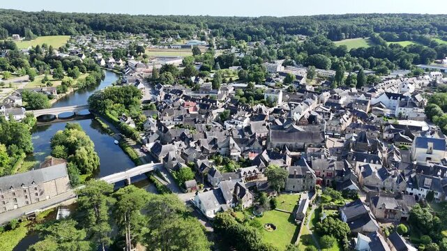 Ascending drone aerial view Malestroit medieval town Brittany France
