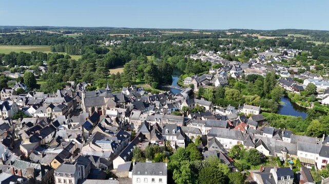 Malestroit medieval town Brittany France drone aerial view low panning view
