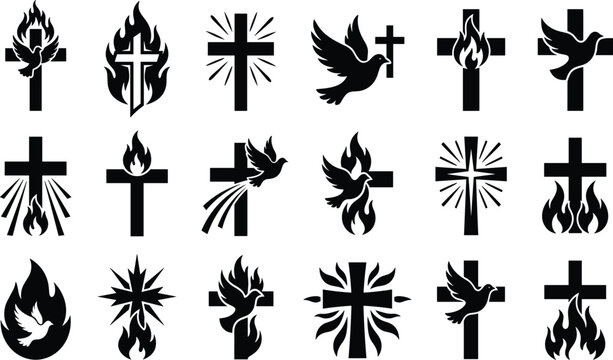 Christian cross with holy spirit dove and divine flame silhouette icons set isolated on white background