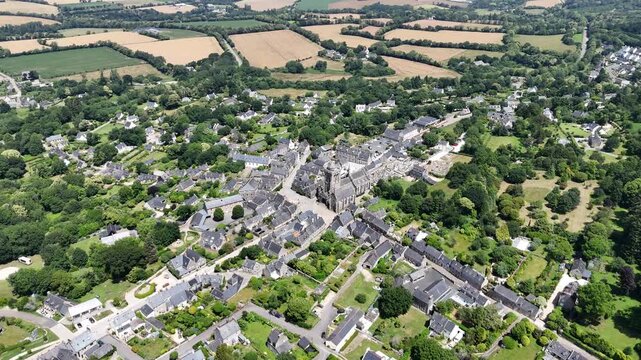 Locronan medieval village Brittany France establishing aerial shot