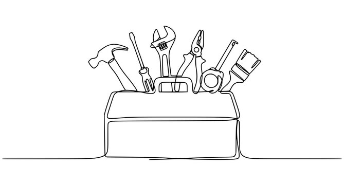 Open toolbox with hand tools continuous line drawing