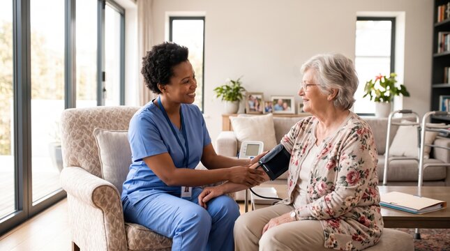 Compassionate home care nurse checking blood pressure of elderly woman in comfortable living room, providing personalized healthcare support and monitoring vital signs at home
