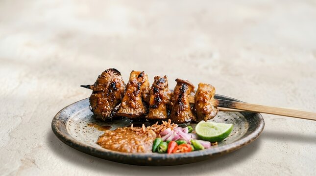 Grilled meat skewers with rice and vegetables on plate