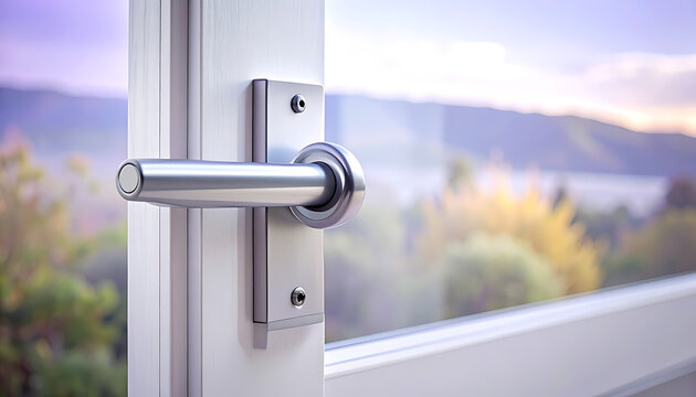 Modern silver door handle closeup detail.