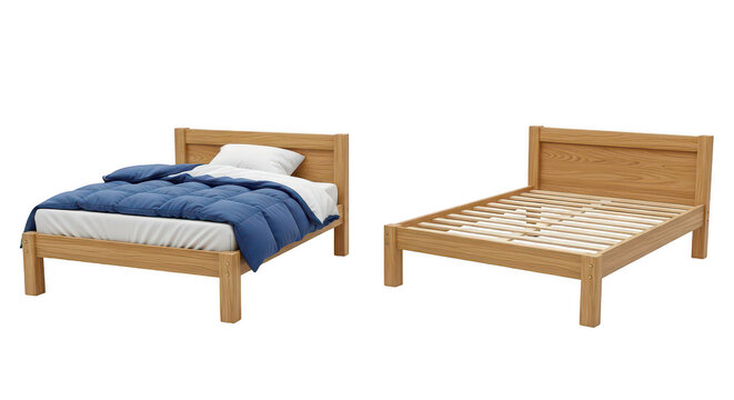 Two wooden bed frames with one bed made with a blue blanket and white pillows isolated on transparent background