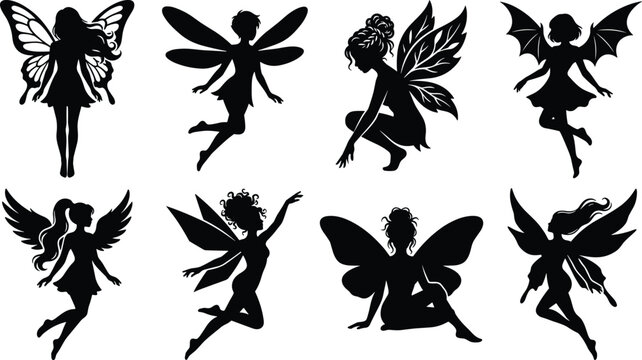Set of black silhouettes featuring magical flying and sitting fairies with wings in various poses