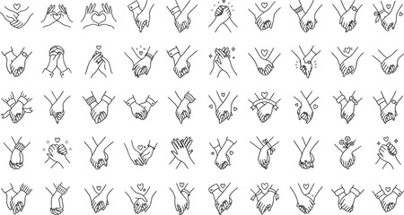 Obraz premium Holding hands line art icons collection vector set featuring couples clasping fingers interlocking hands pinky promises heart gestures and romantic partnership line drawings