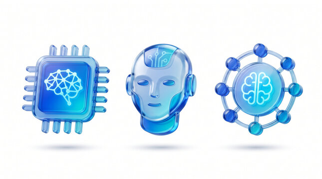 Artificial intelligence icons set featuring 3D glass brain chip cyborg robot head and neural network interface for machine learning deep technology software development on white background.