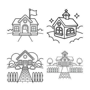 Set of cute house and school coloring book illustrations for childhood.