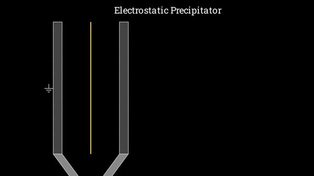 Animated 2D schematic diagram of an electrostatic precipitator filtering industrial smoke particles using high-voltage corona discharge and collector plates, environmental physics vector