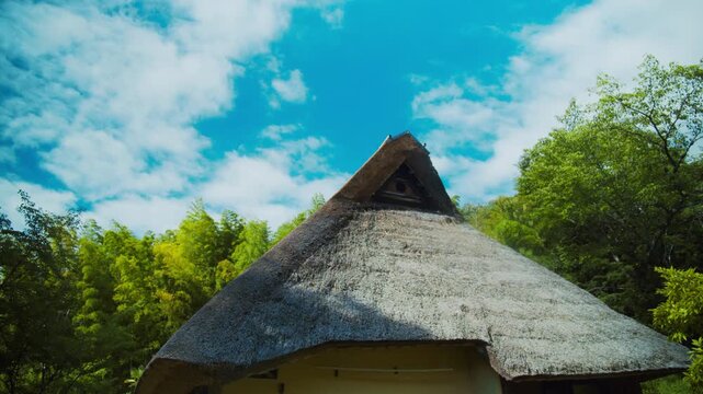 青空と竹林に映える茅葺き屋根の頂部と日本の伝統建築 4Kシネマティック映像素材
