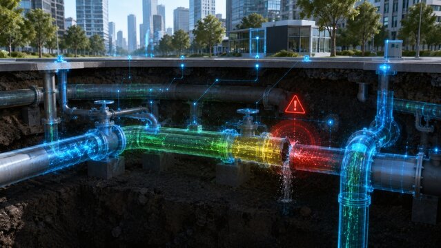 Futuristic digital twin 3D render of urban water pipeline system with city skyline