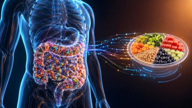 3D rendered concept of personalized nutrition based on gut microbiome analysis