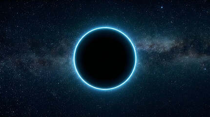Fototapeta premium Silhouette of a planet in deep space. Dark celestial sphere against a glowing star field.