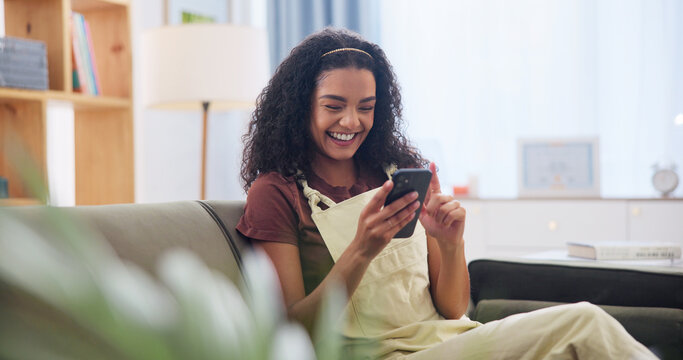 Smile, scroll and woman on sofa with phone for text, notification or online dating app in home. Communication, connection and happy person in living room with tech for social media, message or chat