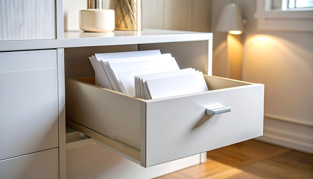 Open drawer with white papers inside.