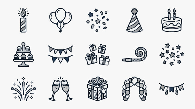 Clean Minimalist Black and White Celebration Party Icons Set Balloons Candles Cake Gifts Confetti and More