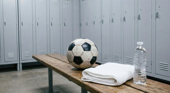 Soccer ball and water bottle on bench in locker room