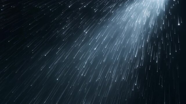 Volumetric sunlight illuminates fine drifting rain in dark space, millions of sparkling microdroplets passing through bright white light shafts with cinematic atmosphere realistic optical diffusion