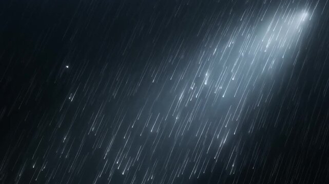 Volumetric sunlight illuminates fine drifting rain in dark space, millions of sparkling microdroplets passing through bright white light shafts with cinematic atmosphere realistic optical diffusion