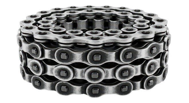 Shiny metal bicycle chain coiled in a circular shape for mechanical repair projects isolated on transparent background