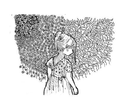 Ni&ntilde;a entre las hojas. Ilustraci&oacute;n en tinta dibujada con las 2 manos